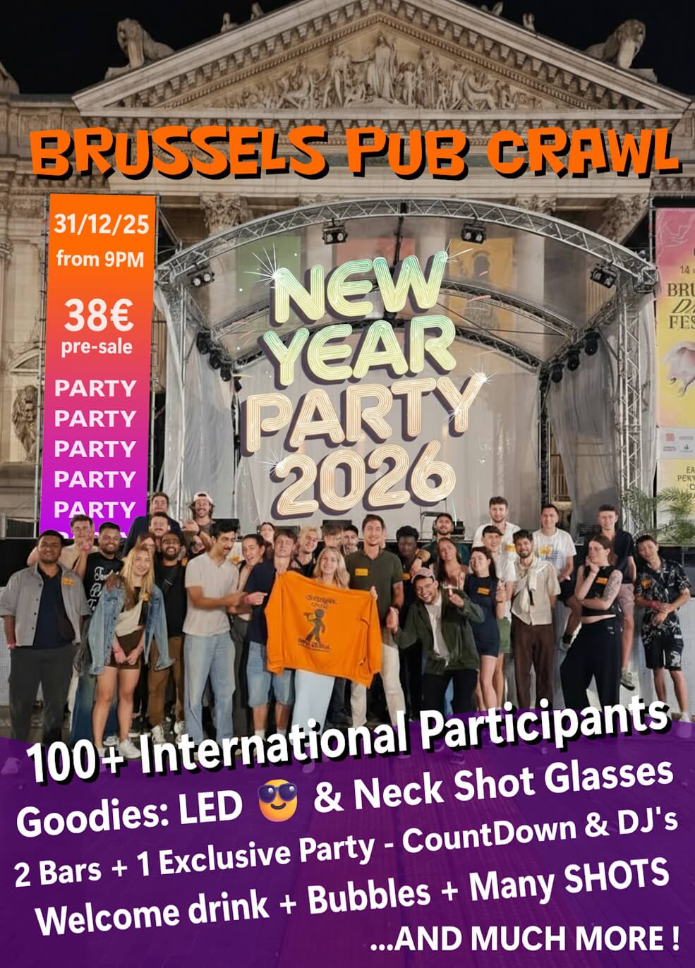 new year party 2026 in Brussels flyer with people partying in belgium